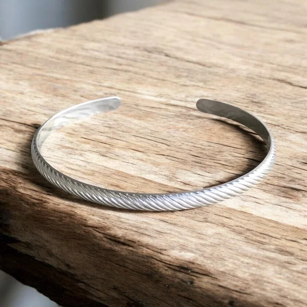 Brushed Sterling Silver Twist Pattern Open Cuff Bangle Bracelet w/Satin Finish